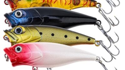 OriGlam 5 señuelos de pesca, coloridos ojos 3D, señuelos de agua para la superficie, señuelos de lubina, cebos duros de pesca