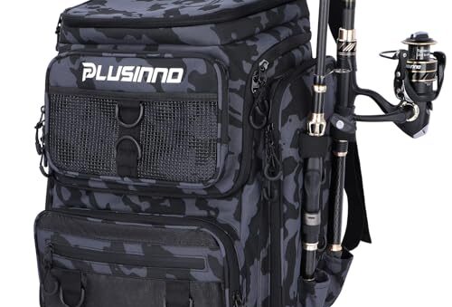 PLUSINNO Mochila para Aparejos de Pesca con Soportes para caña de Pescar, Camuflaje Negro.