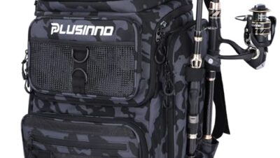 PLUSINNO Mochila para Aparejos de Pesca con Soportes para caña de Pescar, Camuflaje Negro.