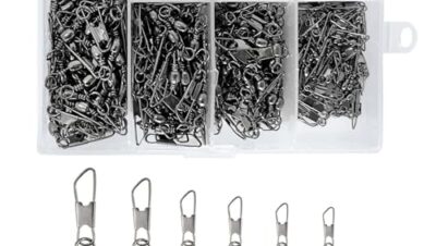 QMLING Juego de 300 clavijas de pesca, esmerillón de pesca con rodamiento de bolas, mosquetón de pesca con caja de clasificación, accesorios de pesca 6 tamaños 5# 7# 8# 10# 12# 14#